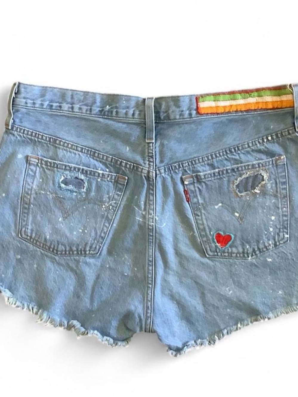 Levi's 501 Light Blue Distressed Denim Shorts with Colorful Waist Trim - Size 33 - Picture 2 of 4